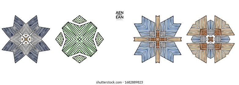 Abstract geometric shape with roughly hand drawn black lines and colored stripes. Striped symmetrical geometrical symbol. Vector isolated on white. Properly grouped for black outline and colored part.