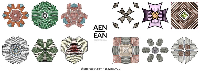 Abstract geometric shape with roughly hand drawn black lines and colored stripes. Striped symmetrical geometrical symbol. Vector isolated on white. Properly grouped for black outline and colored part.