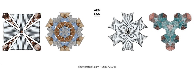 Abstrakte geometrische Form mit grob handgezeichneten schwarzen Linien und farbigen Streifen. Streifen symmetrisches geometrisches Symbol. Vektorillustration einzeln auf Weiß. Richtig gruppiert für schwarze Umrisse und farbige Teile.