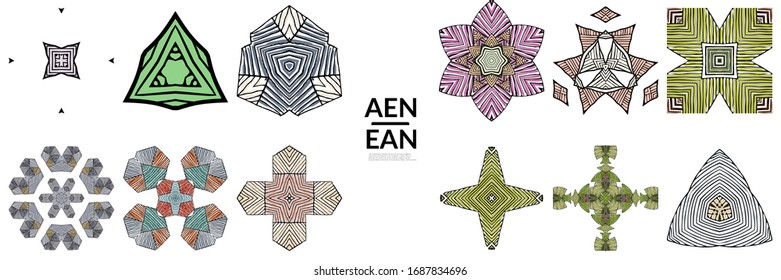 Abstract geometric shape with roughly hand drawn black lines and colored stripes. Striped symmetrical geometrical symbol. Vector isolated on white. Properly grouped for black outline and colored part.