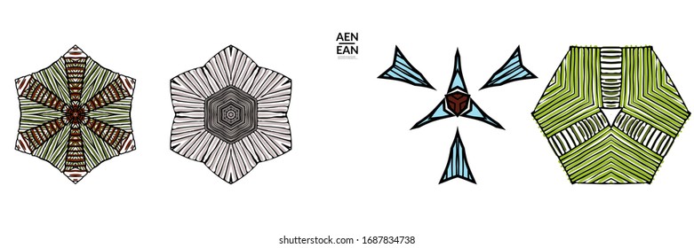 Abstract geometric shape with roughly hand drawn black lines and colored stripes. Striped symmetrical geometrical symbol. Vector isolated on white. Properly grouped for black outline and colored part.