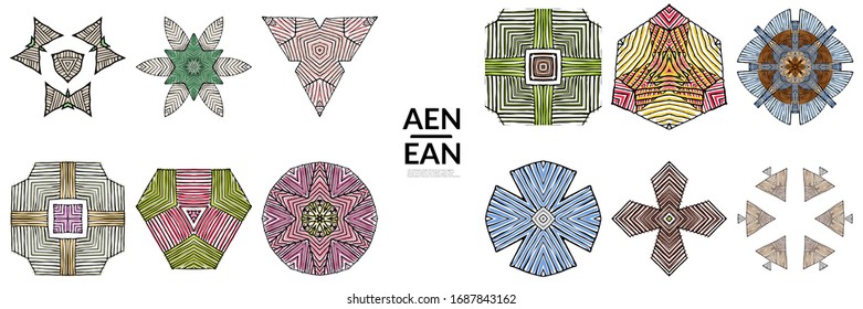 Abstrakte geometrische Form mit grob handgezeichneten schwarzen Linien und farbigen Streifen. Streifen symmetrisches geometrisches Symbol. Vektorillustration einzeln auf Weiß. Richtig gruppiert für schwarze Umrisse und farbige Teile.