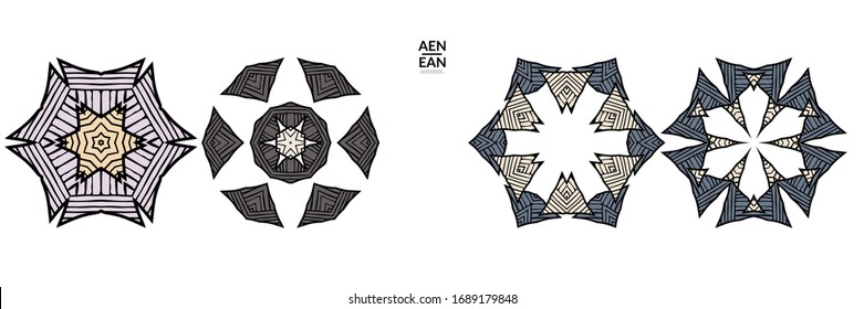 Abstract geometric shape with roughly hand drawn black lines and colored stripes. Striped symmetrical geometrical symbol. Vector isolated on white. Properly grouped for black outline and colored part.