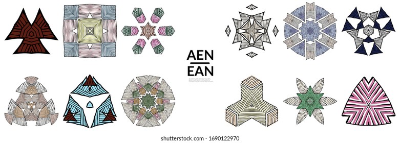 Abstract geometric shape with roughly hand drawn black lines and colored stripes. Striped symmetrical geometrical symbol. Vector isolated on white. Properly grouped for black outline and colored part.