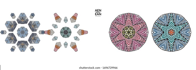 Abstract geometric shape with roughly hand drawn black lines and colored stripes. Striped symmetrical geometrical symbol. Vector isolated on white. Properly grouped for black outline and colored part.