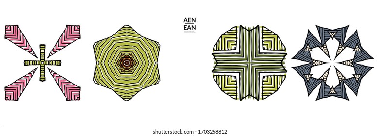 Abstract geometric shape with roughly hand drawn black lines and colored stripes. Striped symmetrical geometrical symbol. Vector isolated on white. Properly grouped for black outline and colored part.