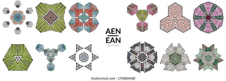 Abstract geometric shape with roughly hand drawn black lines and colored stripes. Striped symmetrical geometrical symbol. Vector isolated on white. Properly grouped for black outline and colored part.