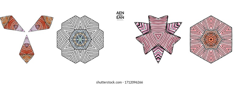Abstract geometric shape with roughly hand drawn black lines and colored stripes. Striped symmetrical geometrical symbol. Vector isolated on white. Properly grouped for black outline and colored part.