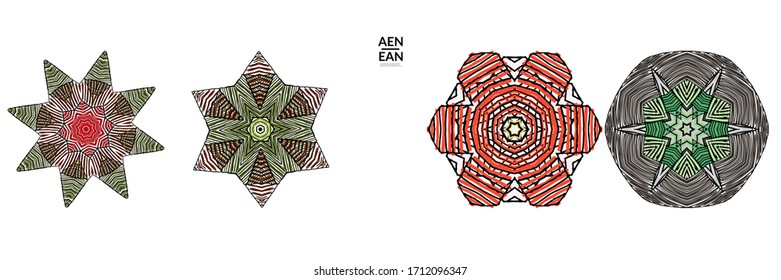 Abstract geometric shape with roughly hand drawn black lines and colored stripes. Striped symmetrical geometrical symbol. Vector isolated on white. Properly grouped for black outline and colored part.