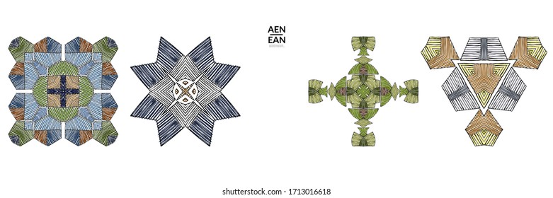 Abstract geometric shape with roughly hand drawn black lines and colored stripes. Striped symmetrical geometrical symbol. Vector isolated on white. Properly grouped for black outline and colored part.