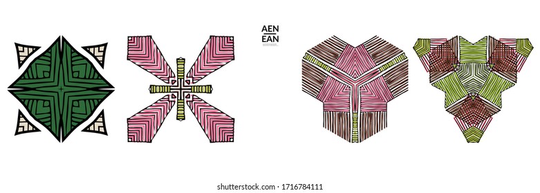 Abstract geometric shape with roughly hand drawn black lines and colored stripes. Striped symmetrical geometrical symbol. Vector isolated on white. Properly grouped for black outline and colored part.