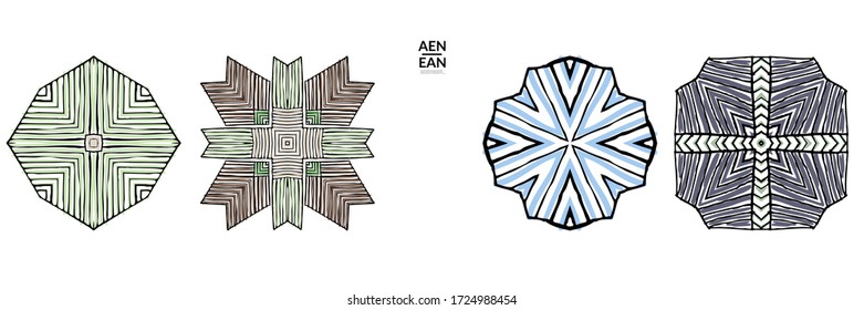 Abstract geometric shape with roughly hand drawn black lines and colored stripes. Striped symmetrical geometrical symbol. Vector isolated on white. 