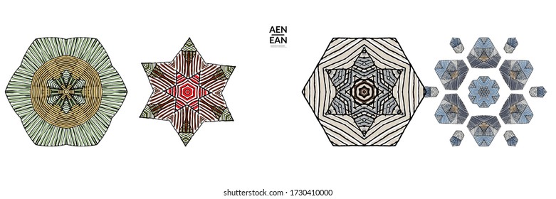 Abstract geometric shape with roughly hand drawn black lines and colored stripes. Striped symmetrical geometrical symbol. Vector isolated on white. Properly grouped for black outline and colored part.