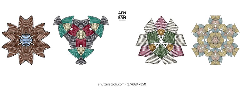 Abstract geometric shape with roughly hand drawn black lines and colored stripes. Striped symmetrical geometrical symbol. Vector isolated on white. Properly grouped for black outline and colored part.