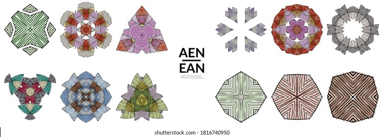 Abstract geometric shape with roughly hand drawn black lines and colored stripes. Striped symmetrical geometrical symbol. Vector isolated on white. Properly grouped for black outline and colored part.