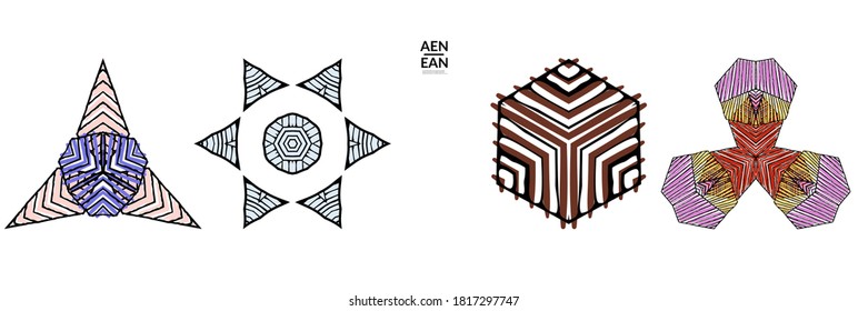 Abstract geometric shape with roughly hand drawn black lines and colored stripes. Striped symmetrical geometrical symbol. Vector isolated on white. Properly grouped for black outline and colored part.