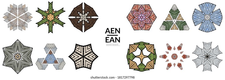 Abstract geometric shape with roughly hand drawn black lines and colored stripes. Striped symmetrical geometrical symbol. Vector isolated on white. Properly grouped for black outline and colored part.