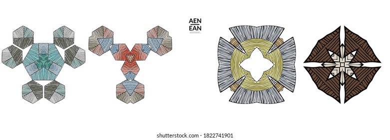 Abstract geometric shape with roughly hand drawn black lines and colored stripes. Striped symmetrical geometrical symbol. Vector isolated on white. Properly grouped for black outline and colored part.