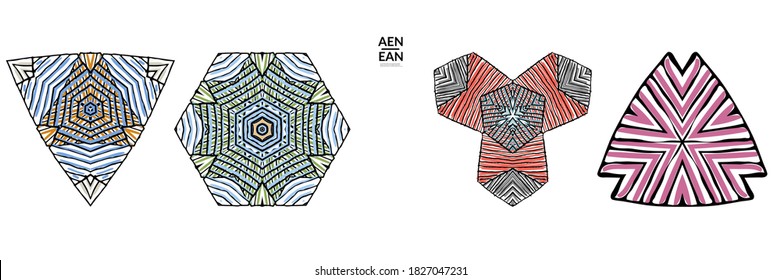 Abstract geometric shape with roughly hand drawn black lines and colored stripes. Striped symmetrical geometrical symbol. Vector isolated on white. Properly grouped for black outline and colored part.