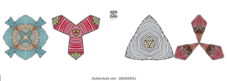 Abstract geometric shape with roughly hand drawn black lines and colored stripes. Striped symmetrical geometrical symbol. Vector isolated on white. Properly grouped for black outline and colored part.