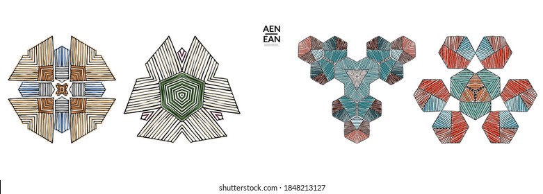 Abstract geometric shape with roughly hand drawn black lines and colored stripes. Striped symmetrical geometrical symbol. Vector isolated on white. Properly grouped for black outline and colored part.