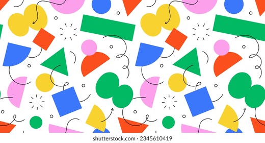 Abstract geometric shape seamless pattern with colorful doodles. Flat cartoon background, simple modern art shapes in bright childish colors. Creative print texture, contemporary backdrop design.