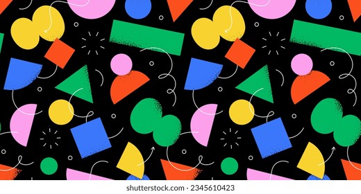 Abstract geometric shape seamless pattern with colorful doodles. Flat cartoon background, simple modern art shapes in bright childish colors. Creative print texture, contemporary backdrop design.