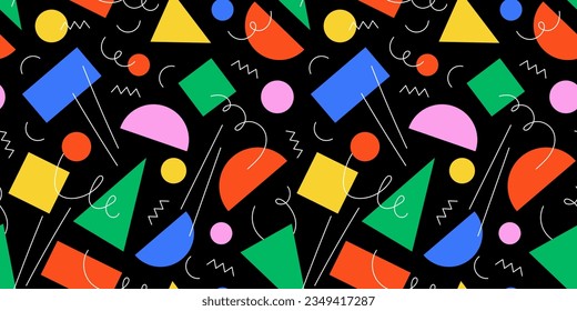 Abstract geometric shape seamless pattern with colorful doodles. Flat cartoon background, simple modern art shapes in bright childish colors. Creative print texture, contemporary backdrop design.
