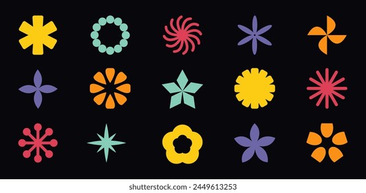 Abstractas conjunto de formas geométricas. Flor de manzanilla de margarita colorida, icono redondo de destellos de estrella. Bonita colección. Símbolo de signo simple. Tarjeta de amor. Diseño plano. Aislado. Fondo negro. Vector