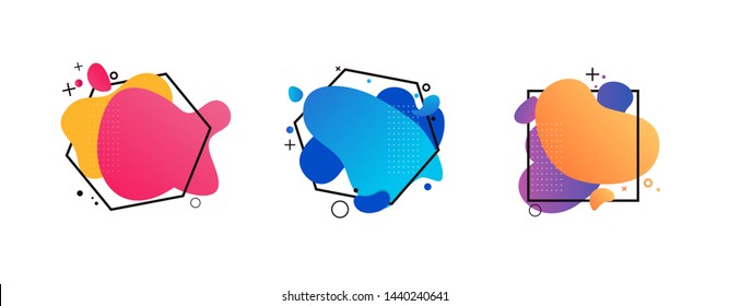 Abstract geometric shape set. Orange, violet, blue, pink fluid forms in hexagonal and square frames. Wavy forms isolated on white background. Vector template for logos, flyers, covers