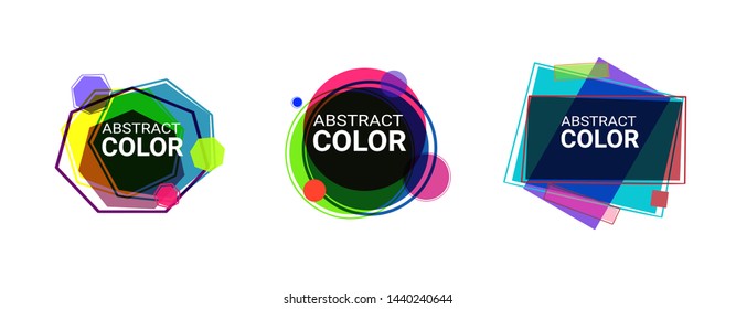 Abstract geometric shape set. Yellow, blue, purple, green, pink circles, heptagons and rectangles. Transparent layers, text sample, frame. Vector illustration for banner, brochure, logo, flyer design