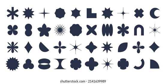Abstract geometric shape silhouettes, black brutalism forms. Modern trendy minimalist basic figures, stars, lines and circles, memphis geometric silhouette elements vector set