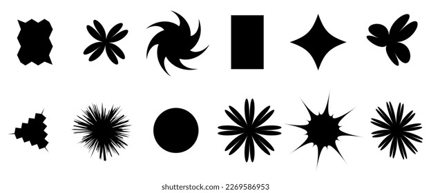 Abstrakte geometrische Formsilhouetten, schwarzer Brutalismus bildet. Moderne, minimalistische, moderne Grundfiguren, Sterne, Linien und Kreise, geometrische Silhouettenelemente, Vektorset