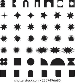 Resumen de siluetas de forma geométrica, formas de brutalismo negro. Modernas figuras básicas minimalistas de moda, estrellas, líneas y círculos, memphis elementos de silueta geométrica conjunto vectorial