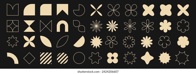 Abstract geometric shape silhouettes, black brutalism forms. Simple star, flower, oval, circle, and other primitive basic form. Swiss design aesthetic.