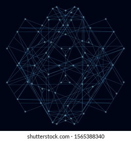 Abstract geometric shape of their blue lines on a dark background with luminous lights. Vector illustration