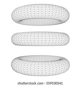 Abstract geometric shape with torus. 3D polygonal wireframe of circular object.