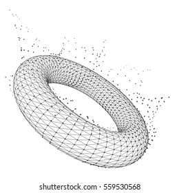 Abstract geometric shape with torus. 3D polygonal wireframe of circular object.