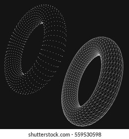 Abstract geometric shape with torus. 3D polygonal wireframe of circular object.