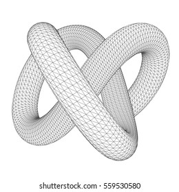 Abstract geometric shape with trefoil knot. 3D polygonal wireframe of circular object.