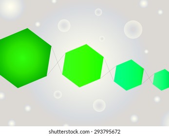 Abstract Geometric Shape Vector Background with Bubbles and Neon Green Kite Like Hexagons