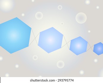 Abstract Geometric Shape Vector Background with Bubbles and Bright Blue Kite Like Hexagons