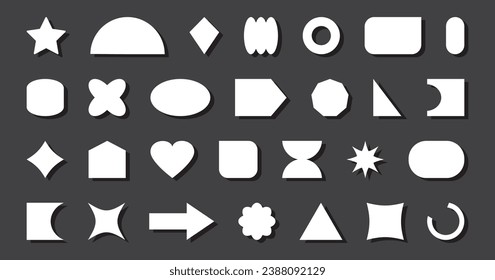 Forma geométrica abstracta, figura retro, forma básica gráfica, icono vectorial simple moderno, geometría pegatina blanca fijada sobre fondo negro. Ilustración futurista