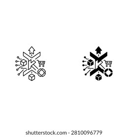 Abstract geometric shapes with arrows and lines forming a complex pattern with additional