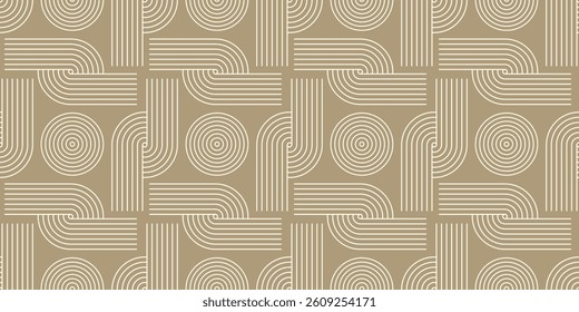 Abstract geometric shapes background. Seamless pattern with linear elements. Ceramic tiles. Pastel beige print, vector graphics