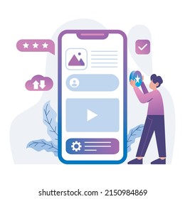 Abstract geometric shapes background with a smartphone. application interface. trendy design for social media advertising.