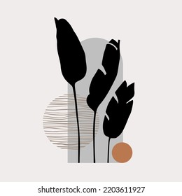 Abstract geometric shapes, banana leaves poster. Modern printable botanical illustration: tropical palm leaf, geometry elements for minimal print, boho wall decor, flat design. Vector minimalist art
