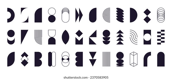 Abstract geometric shapes, bauhaus aesthetic elements, swiss style forms and symbols. Retro design graphic element, simple lines, arch and circle shape, basic figures vector set