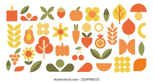 Abstract geometric shapes, bauhaus geometric elements. Trendy minimalist basic figures, fruits, vegetables and trees. Modern graphic design element vector set