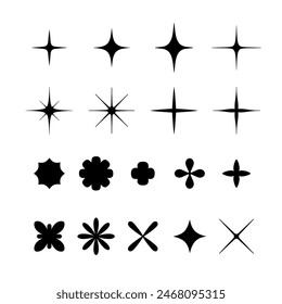 Abstract geometric shapes, black color isolated on white background. Y2K design element, figure star, flower and other primitive elements. Vector illustration